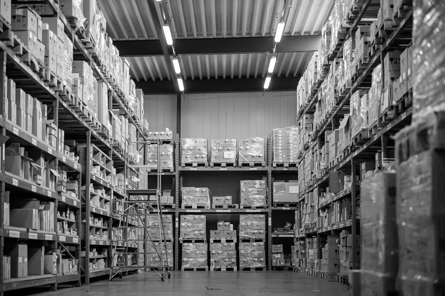 Photo en noir et blanc d'un grand entrepôt logistique industriel avec de hauts rayonnages métalliques remplis de boîtes et de marchandises