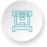 Icône représentant des presses industrielles pour la fabrication de pièces de précision en métal (cuivre, laiton, acier).