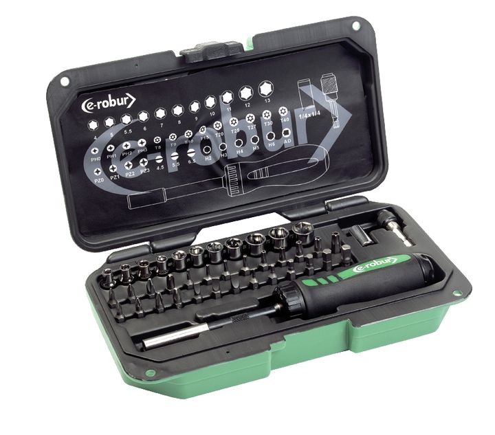 Set met ratchet schroevendraaier, dopsleutels + bits, 40 st.
