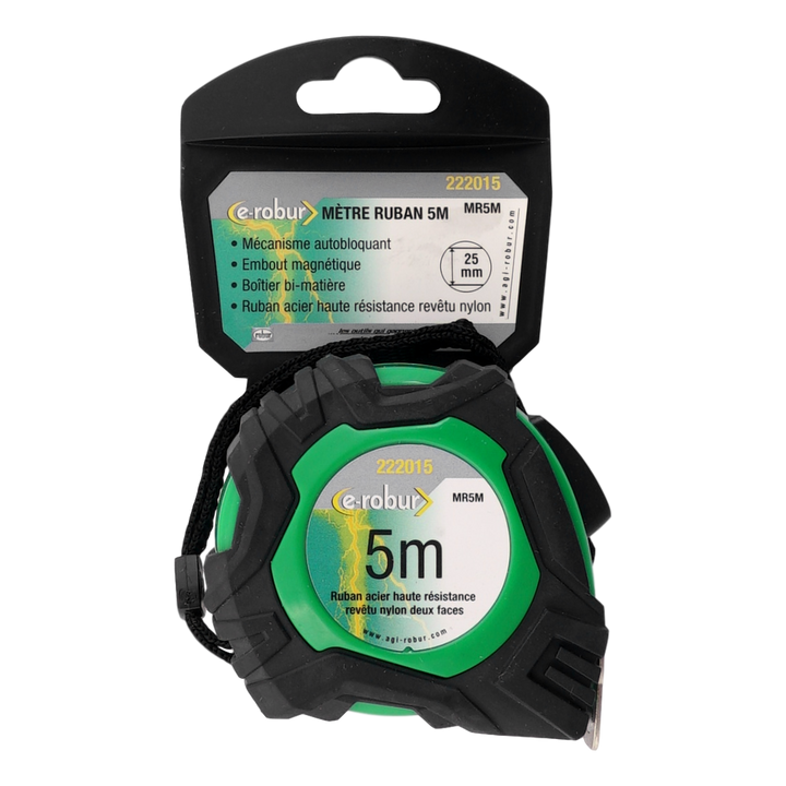 Mètre ruban acier enrobé de nylon longueur 5 m autobloquant, boitier bimatière
