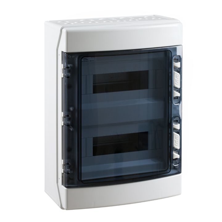 Opbouwkast IP65 transp. deur 2x 12 mod. + aardingsrail