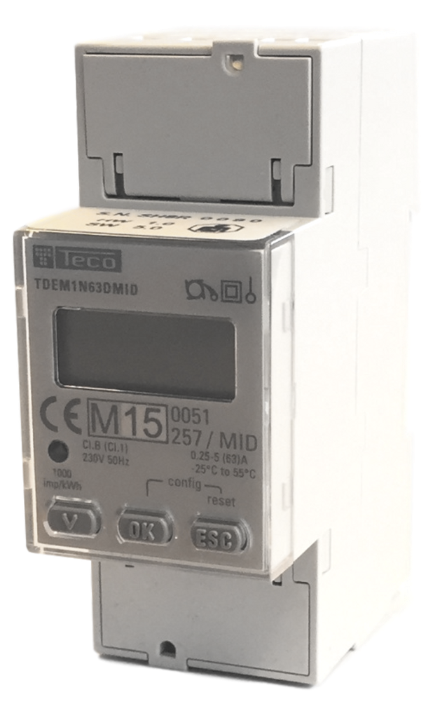 Digitale kWh-meter Teco 1N 1mod 63A 2 tellers