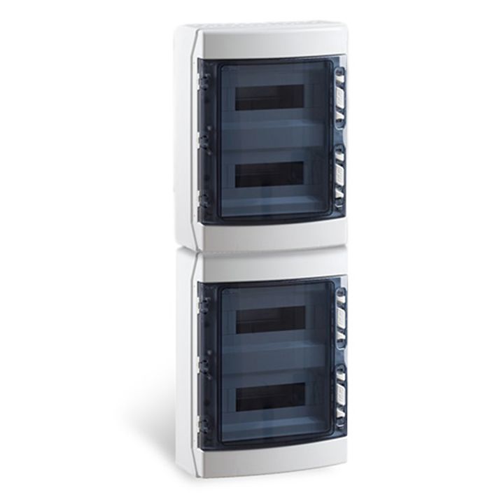 Opbouwkast IP65 transp. deur 4x 12 mod. + aardingsrail