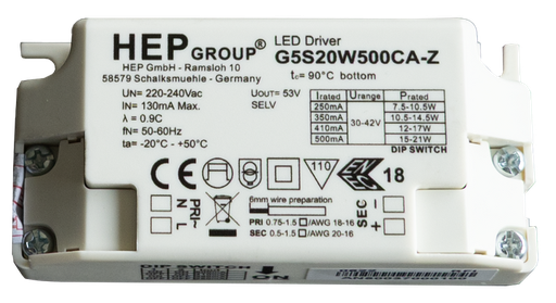[/G5S20W500CA-Z-C] (AS) HEP 20W Phase Dim 250/350/410/500mA via DIP Switch avec con.mal.