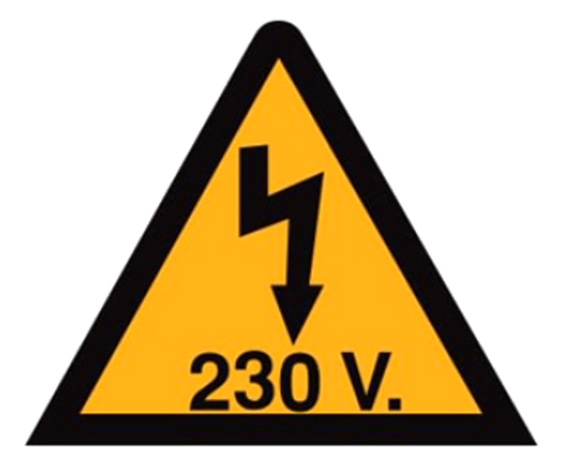 [/SOFVT-230V55] Triangle autocollant, 52mm, fleche & 230V
