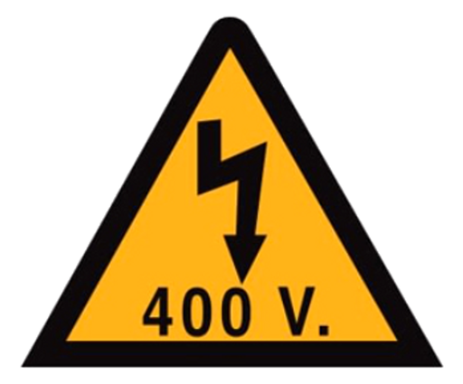 [/SOFVT-400V55] Triangle autocollant, 52mm, fleche & 400V